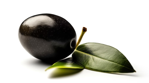 A black olive and a green leaf are on a white background.