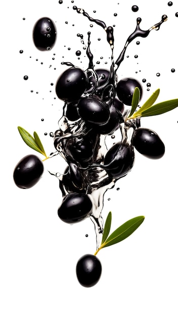 Black olives falling into olive oil with a splash isolated on white background copy space