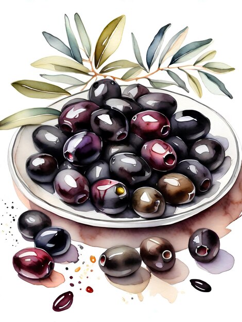 Фото Черные оливки на тарелке акварель