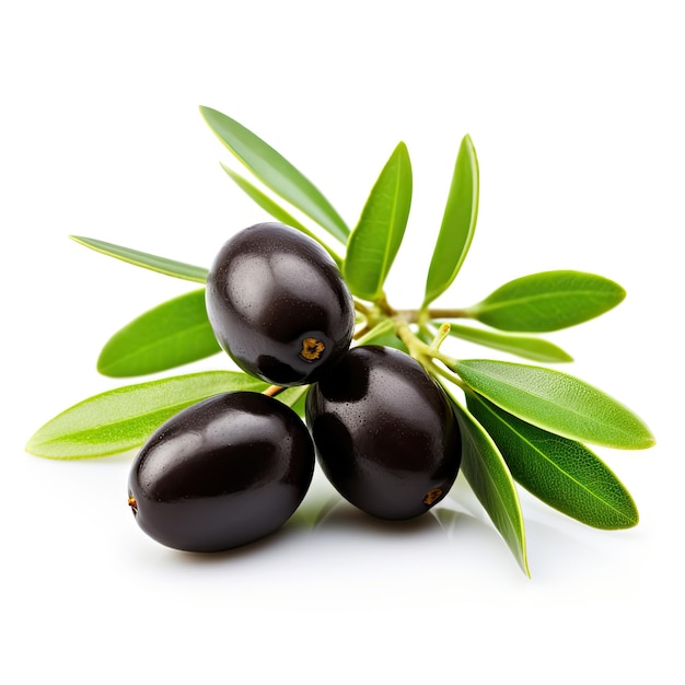 Photo black olives with leaves isoalted on white background