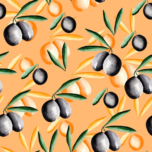 Черные оливки с листьями на оранжевом акварельном бесшовном узоре