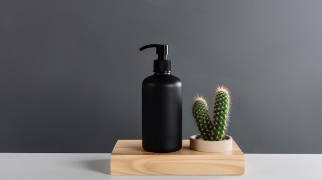 Black one pump bottle mockup on wood podium with Cactus decorations top view Flay Lay