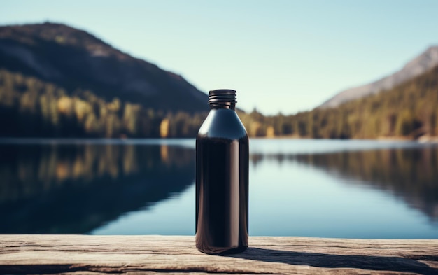 A black opaque water bottle rests on a wooden deck with a serene lake