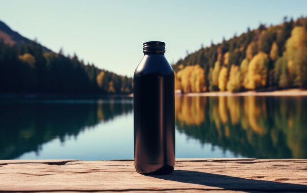 A black opaque water bottle rests on a wooden deck with a serene lake