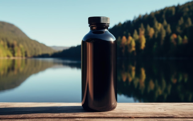 A black opaque water bottle rests on a wooden deck with a serene lake