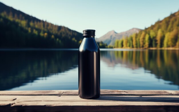 A black opaque water bottle rests on a wooden deck with a serene lake