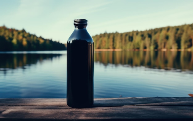 A black opaque water bottle rests on a wooden deck with a serene lake