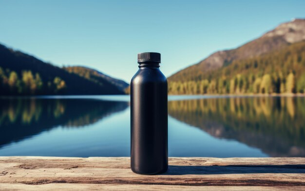黒い不透明な水のボトルが静かな湖の木製のデッキの上に置かれています
