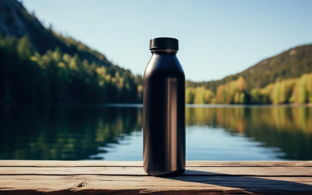 Черная непрозрачная бутылка с водой лежит на деревянной палубе с спокойным озером