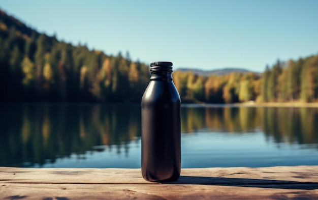 A black opaque water bottle rests on a wooden deck with a serene lake