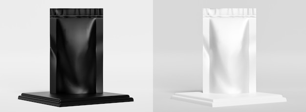 Фото Мокап черного или белого кофейного мешочка на подиуме с 3d иллюстрацией на белом фоне
