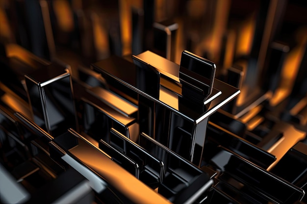 A black and orange background with a lot of black cubes and a lot of silver bars.