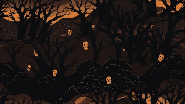 a black and orange background with skulls and trees