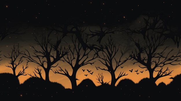 Premium AI Image | a black and orange background with trees and bats