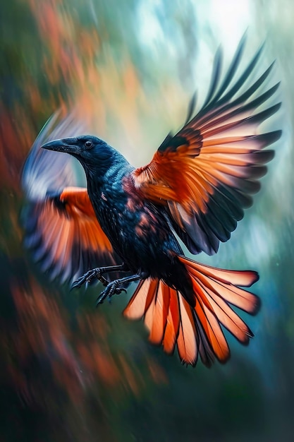 Black and orange bird is captured in flight