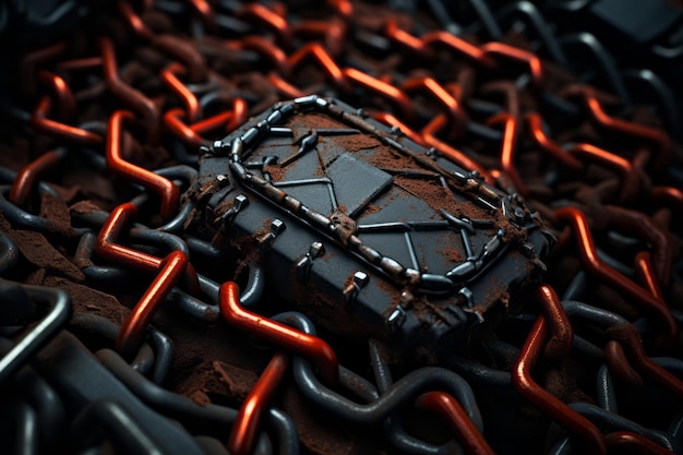 a black and orange chain with a lock on it