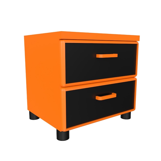 A black and orange dresser with two drawers with one drawer open and one drawer closed.