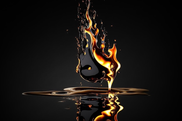 A black and orange fireball is in the middle of a pool of liquid.