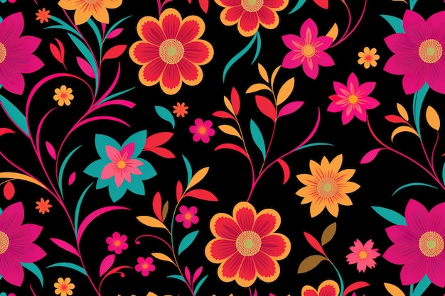 A black and orange floral pattern with flowers.