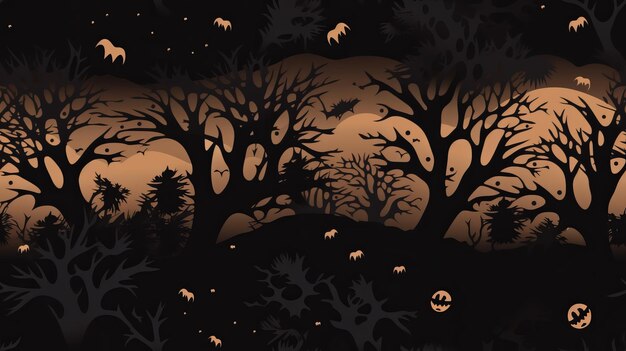 a black and orange halloween scene with trees and pumpkins