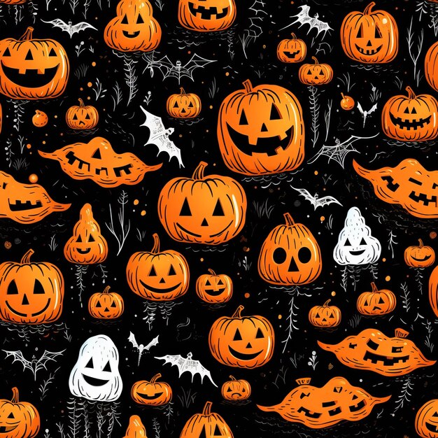 Photo black and orange halloween seamless pattern with smiling pumpkins and flying bats suitable for