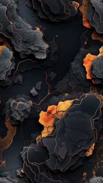 オレンジと黒の岩とラバの流れの黒とオレンジの画像
