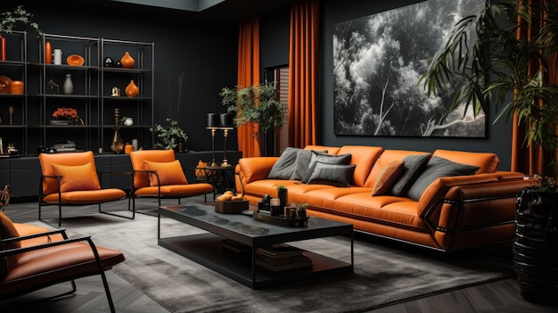 Black and orange interior living room