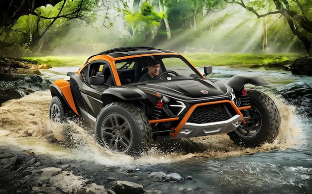 a black and orange jeep is driving through a muddy puddle