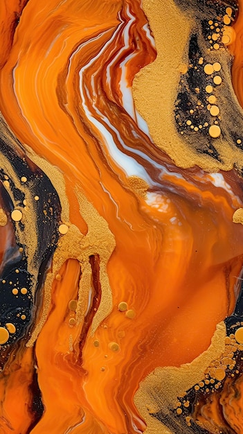 A black and orange painting with gold and black paint