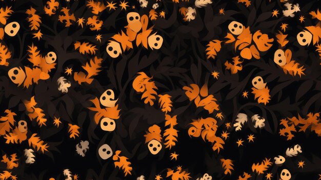 a black and orange pattern with skulls and flowers