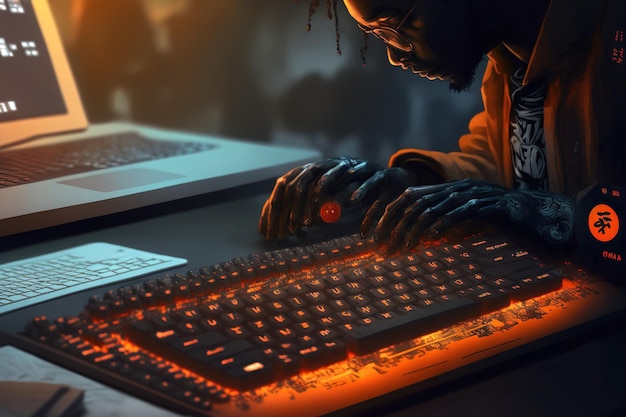 Black and orange programming code is typed on the keyboard