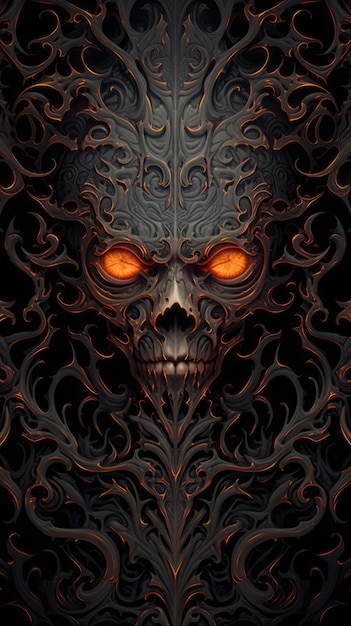 a black and orange skull with glowing eyes