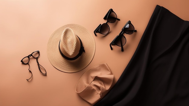 A black and orange table with sunglasses hat