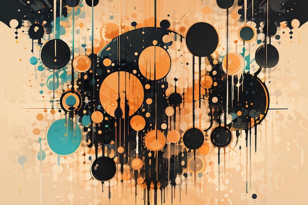 黒いオレンジ色のテーマ 丸い泡が滴る 水彩のインクデザイン 背景の壁紙イラスト