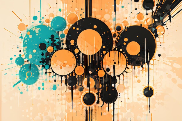 Black orange theme round bubble dripping watercolor ink design background wallpaper illustration