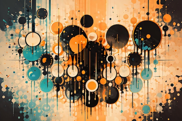 黒いオレンジ色のテーマ 丸い泡が滴る 水彩のインクデザイン 背景の壁紙イラスト