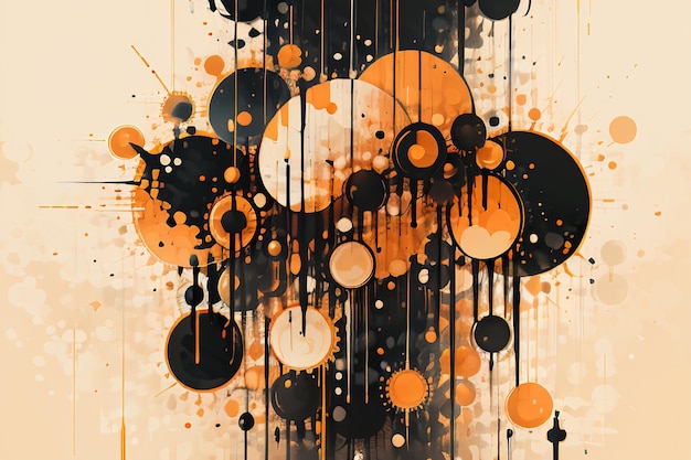 Black orange theme round bubble dripping watercolor ink design background wallpaper illustration