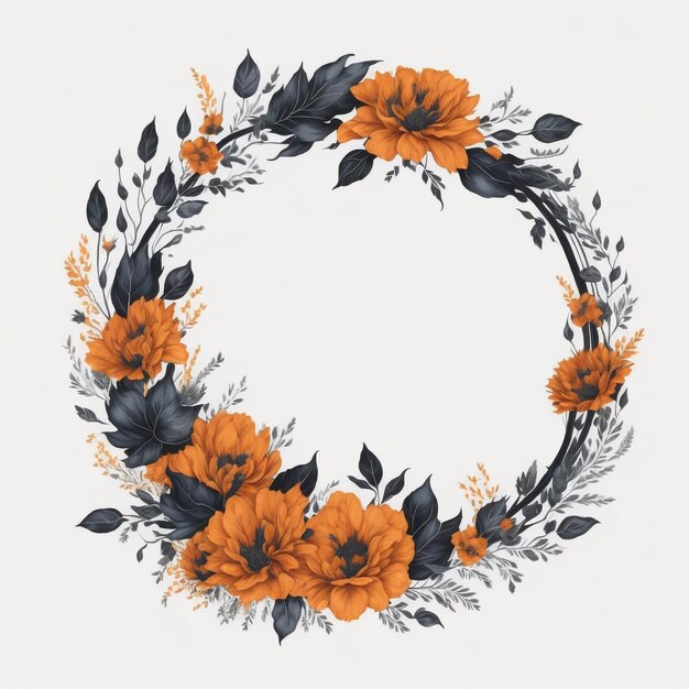 Black and orange watercolor Round shape floral frame white background AI generated