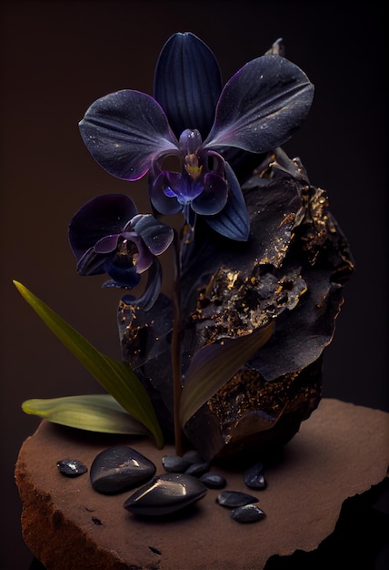 Black orchid on a precious background. dark background. Generative ai