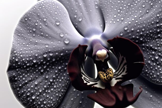 A black orchid with a white flower with the word orchid on it