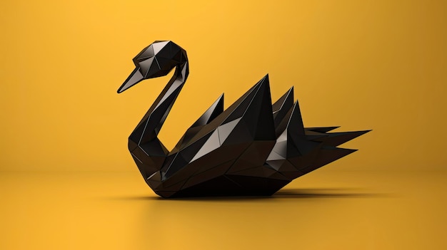 生成 AI テクノロジーを使用した黄色の背景 3D アート スタイルに黒い折り紙スタイルの白鳥