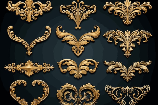 Black ornament with gold patina on a black background Isolated 3D illustration