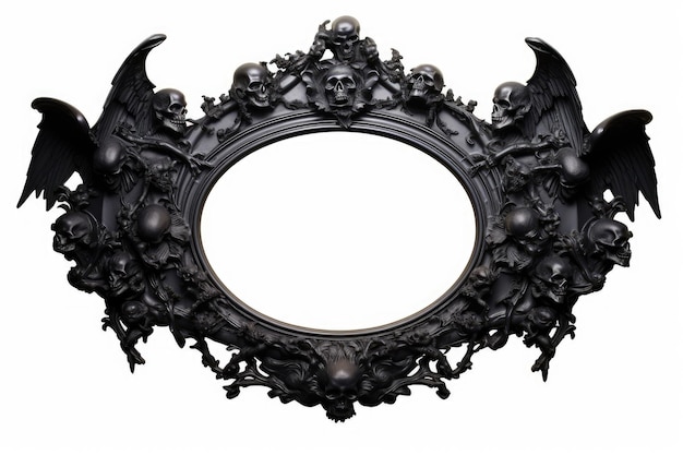 a black ornate mirror with a black frame and a dragon on the bottom.