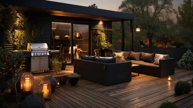 Photo a black outdoor kitchen with plants on the deck