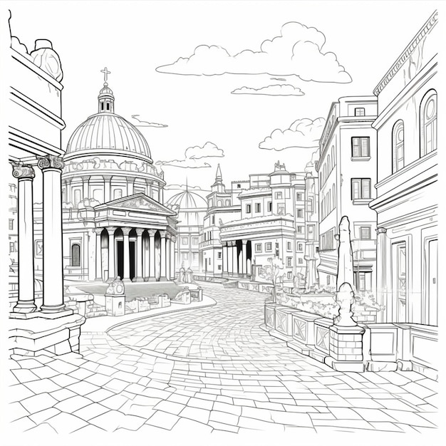 Photo black outline drawing of rome city to color