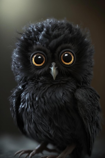a black owl with big eyes and yellow eyes