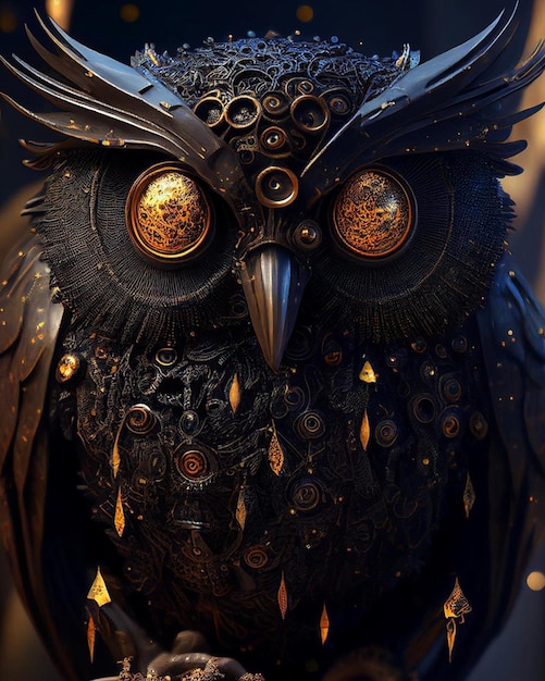 Photo a black owl with gold and silver feathers and gold accents.