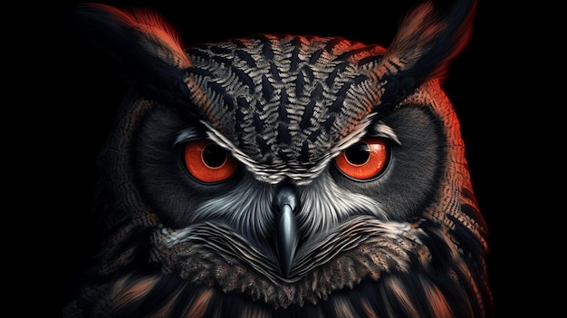 Black owl with red eyes on a black backgroundgenerative ai