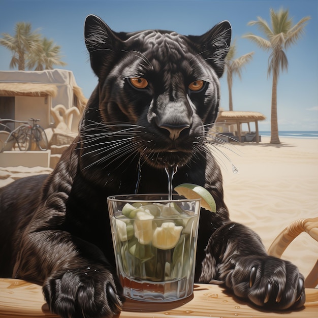Черная пантера пьет на пляже.