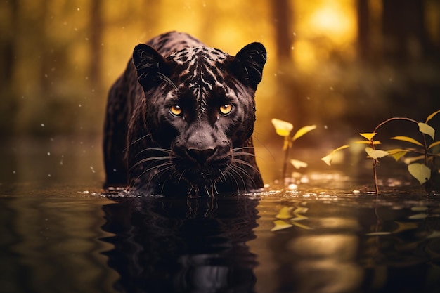 Black panther in a dark forest lake with AI generated